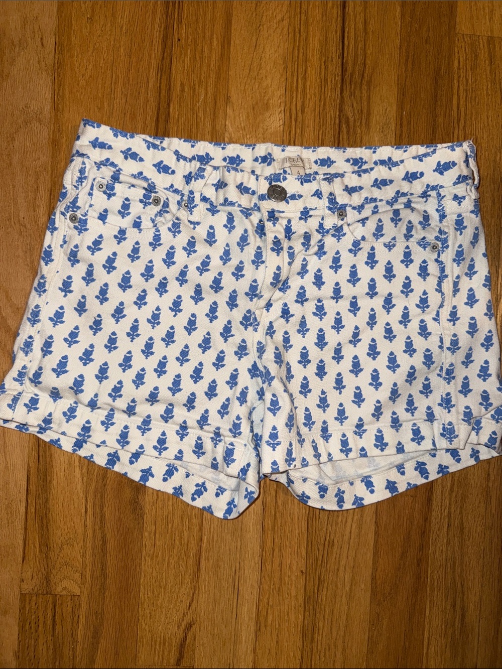 Jcrew Women’s White Denim Shorts with Blue Floral Print
